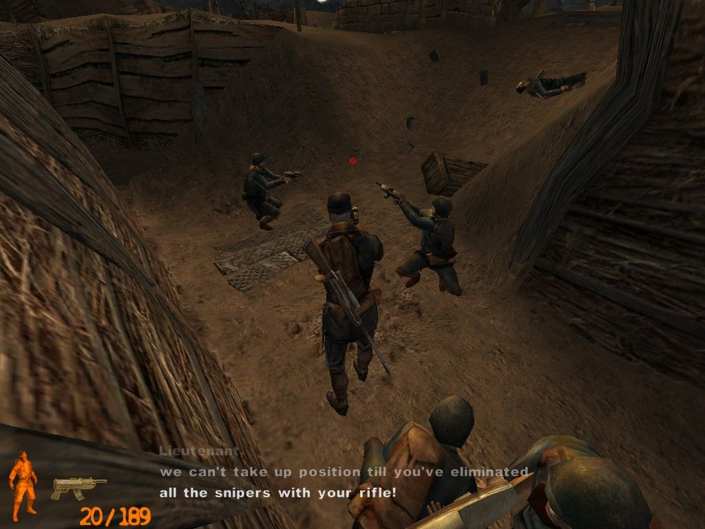 Iron Storm (Windows) screenshot: Your men are pinned down by enemy sniper fire and it's your job as a commando to eliminate them