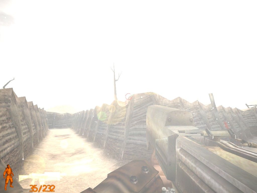 Iron Storm (Windows) screenshot: There is an enemy sniper in the church tower, but the sun plays to his advantage as you cannot quite aim at him