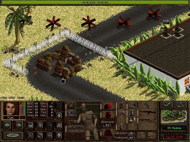 Jagged Alliance 2 (Windows) screenshot: Soldiers (your team in black camouflage on the right) can climb roofs for better aim (German version).