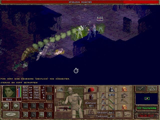 Jagged Alliance 2 (Windows) screenshot: Special mission: Nasty aliens have infested Cambria mine (German version).
