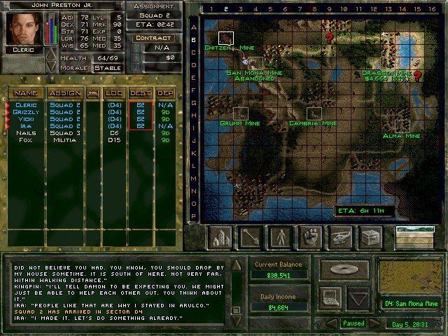 Jagged Alliance 2: Wildfire (Windows) screenshot: The main map interface isn't changed much from that of Jagged Alliance 2.
