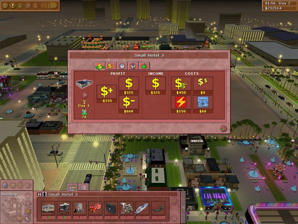 Vegas Tycoon (Windows) screenshot: This shows the detailed stats of he hotel. 78 people have used the rooms in one day. There are stats on power & water usage plus, in the bar at the bottom, information on the kind of guest
