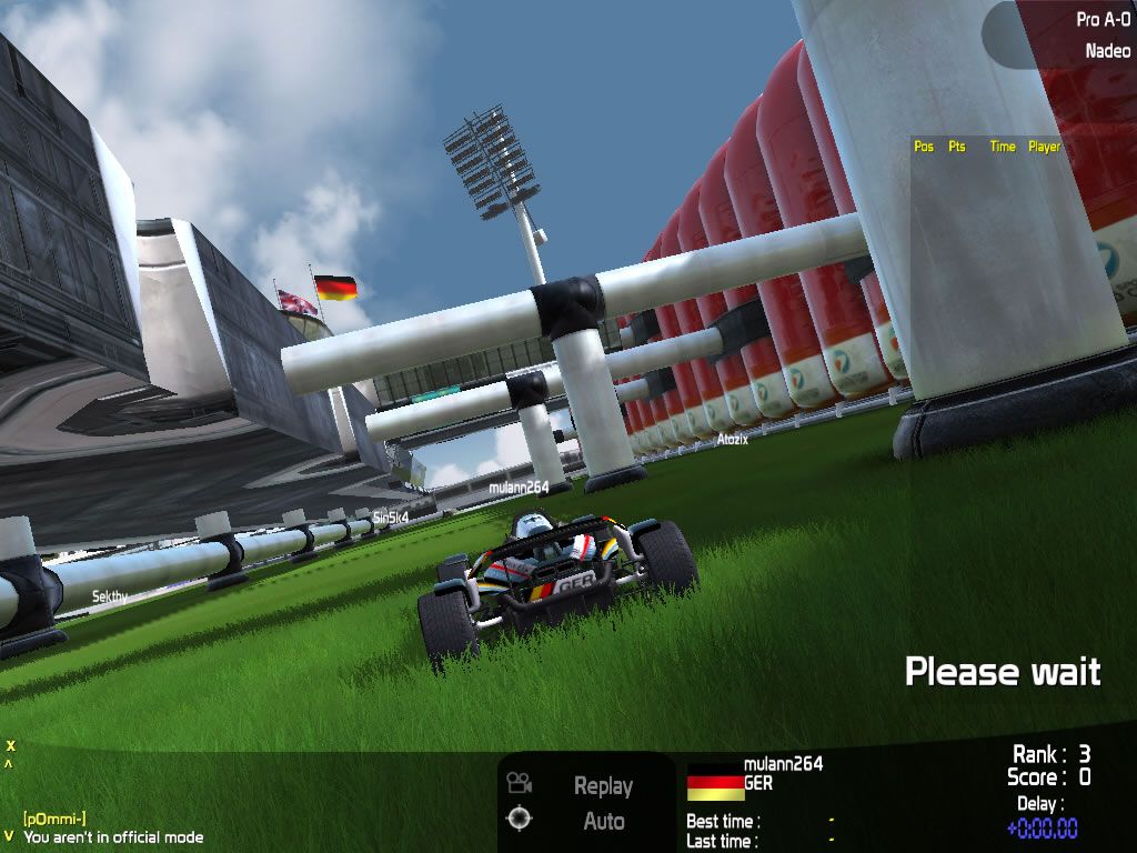TrackMania Nations ESWC (Windows) screenshot: Tracking a German player racing through the grass.