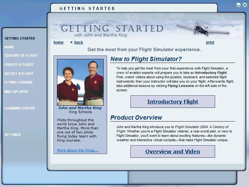 Microsoft Flight Simulator 2004: A Century of Flight (Windows) screenshot: This is the Welcome screen that's displayed on entering the flight simulator for the first time. On subsequent flights the default start screen is the create / select a flight screen.