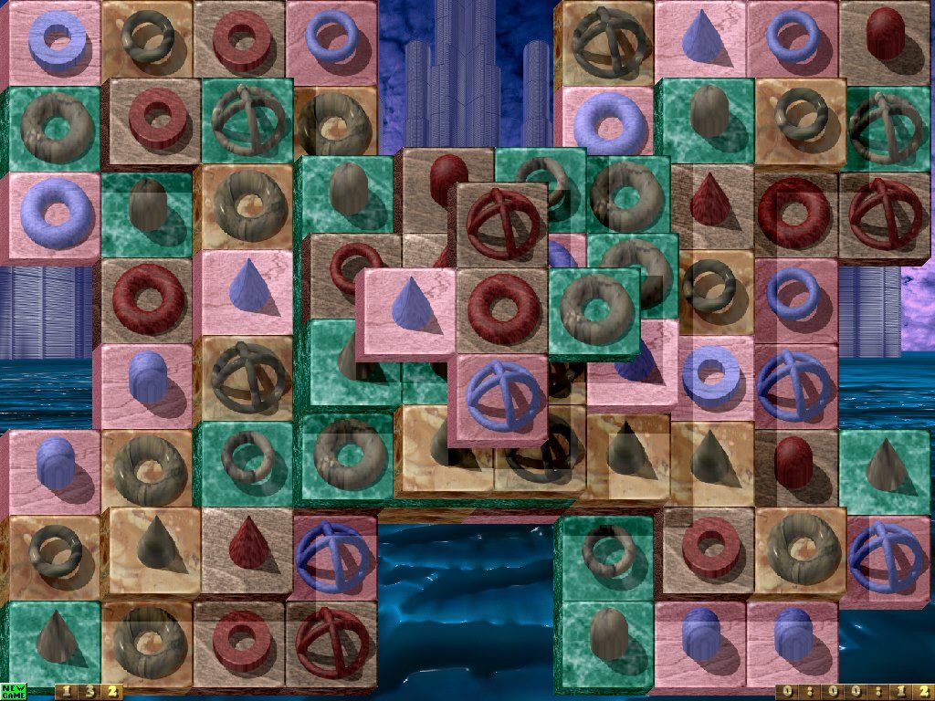The 'Jongg CD! (Windows) screenshot: 3D-Jongg - a variant on the standard Mahjongg game