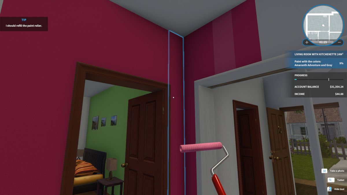 House Flipper (Windows) screenshot: Painting a living room.