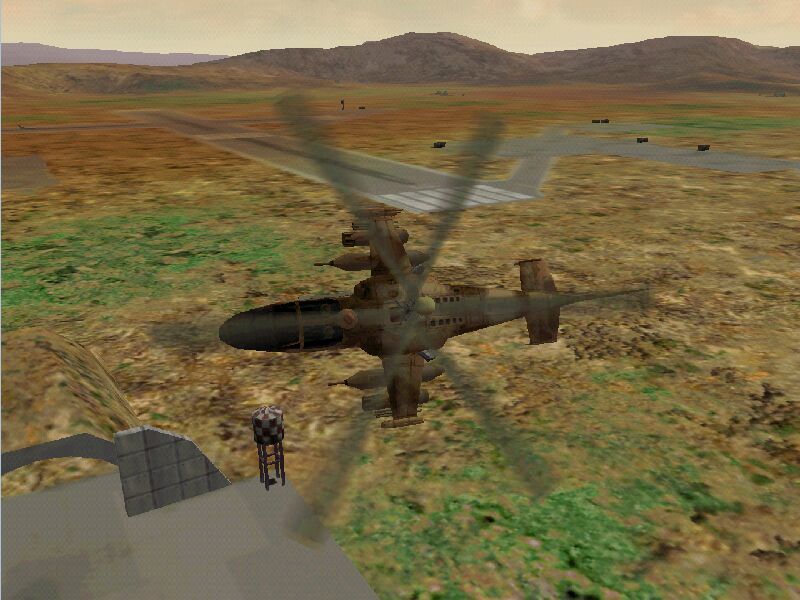 Ka-52 Team Alligator (Windows) screenshot: One of the training missions has you flying around the airbase water tower, just like in Team Apache's training mission.