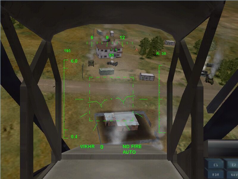 Ka-52 Team Alligator (Windows) screenshot: Don't you hate it when the cowards hide out in civilian areas?