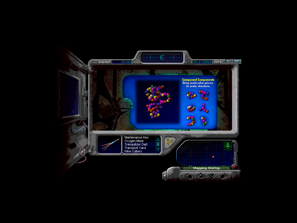 The Journeyman Project: Turbo! (Windows 3.x) screenshot: In the synthesis puzzle, you must construct an antidote to the toxins in your blood before you pass out.
