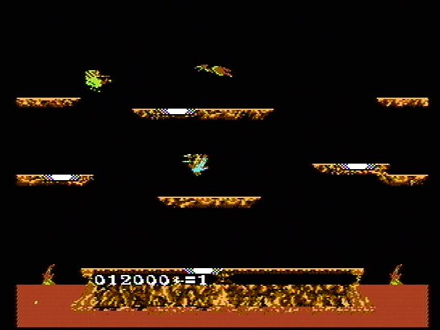 Joust (NES) screenshot: Watch out for the difficult to kill pterodactyl