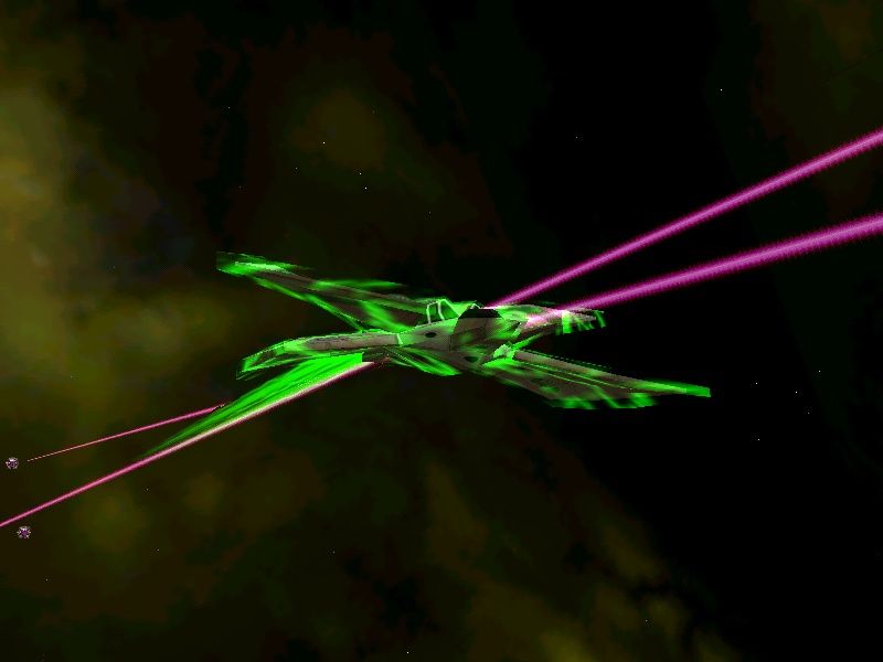 Jumpgate: The Reconstruction Initiative (Windows) screenshot: A Quantar Cyclone is attacked by a Conflux