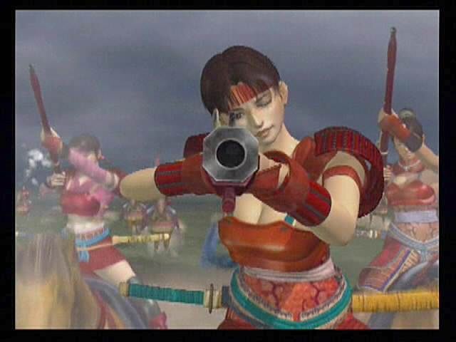Kessen (PlayStation 2) screenshot: Dodge this. Female, gun-wielding ninja yojimbo aren't exactly historical, but Kessen strays from fact mainly for drama.
