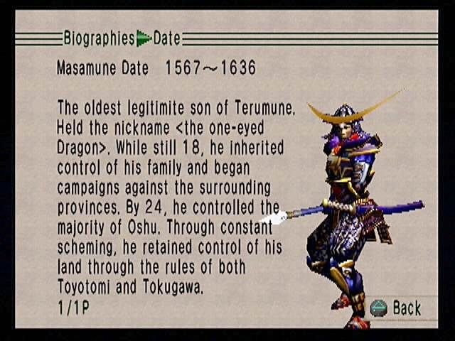 Kessen (PlayStation 2) screenshot: History Lesson. Included with the game is a brief encyclopedia, detailing the background of the major players in the game, such as Date Masamune.