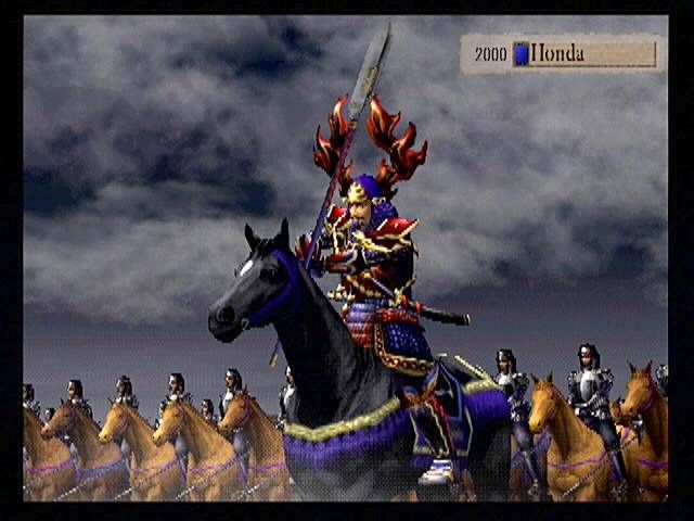 Kessen (PlayStation 2) screenshot: Not exactly a Civic... Honda Masanobu boasts of his troop's strength before joining the battle.