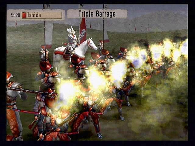 Kessen (PlayStation 2) screenshot: Guns...lots of them. Ishida responds to an offence with a barrage of gun fire.