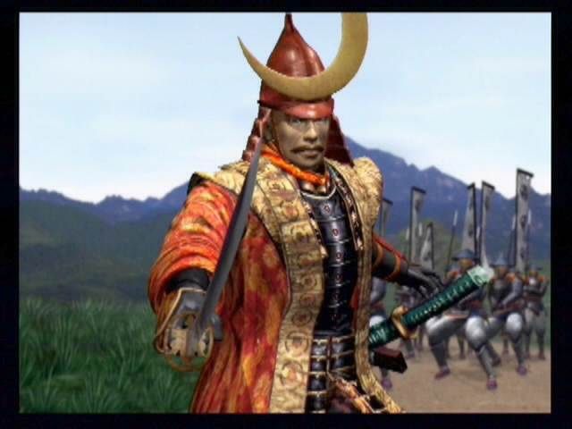 Kessen (PlayStation 2) screenshot: Buy this game! Shima performs some stunts and challenges Tokugawa during a pre-battle cutscene.