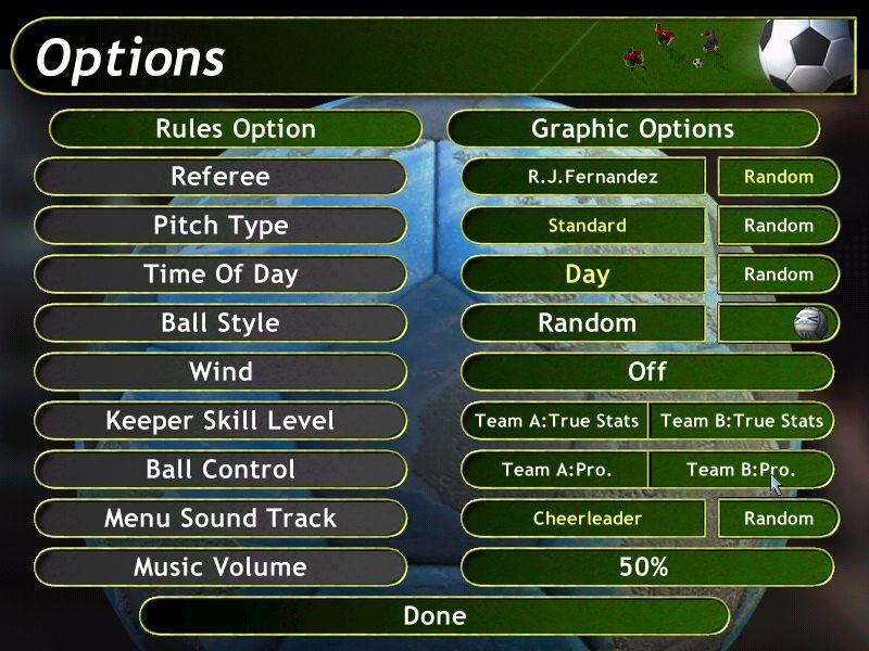 Kick Off 02 (Windows) screenshot: There is a lot of options in the game i.e. the color of the ball