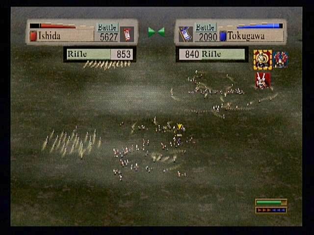 Kessen (PlayStation 2) screenshot: Battle of the Ants. You can zoom in on the engagements and watch troops maneuver around. Control here, however, is non-existent.
