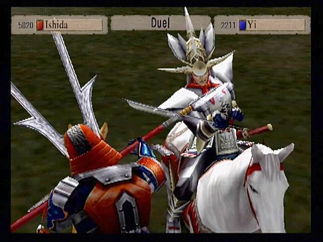 Kessen (PlayStation 2) screenshot: Spear vs. Sword. Occassionally your braver and more skilled samurai will attempt to duel their opponents. Victory brings increase morale for your army, while losing both the duel and the face associated with it decreases your troops willingess to fight.