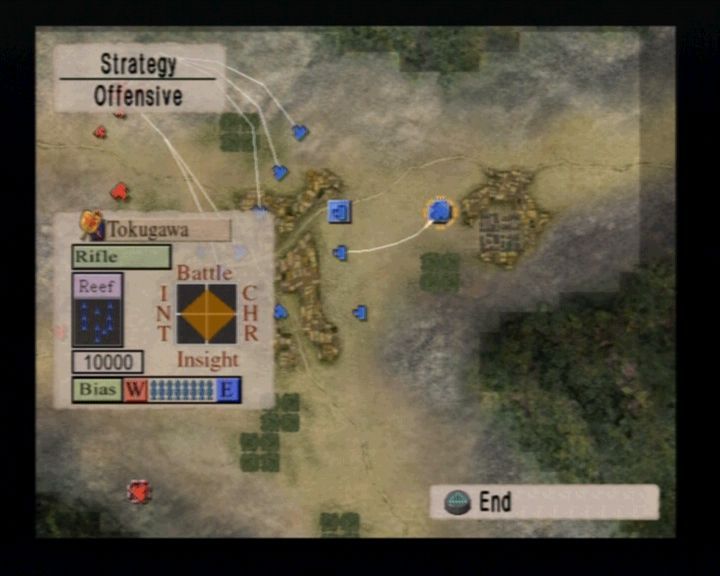 Kessen (PlayStation 2) screenshot: Prior to battle start, you can assign your troops a certain attack route, ambush set, or to defend the commander.