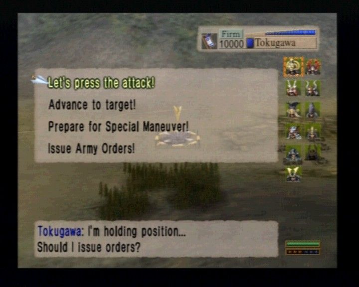 Kessen (PlayStation 2) screenshot: Main options ingame on the battlefield, during the actual gameplay.
