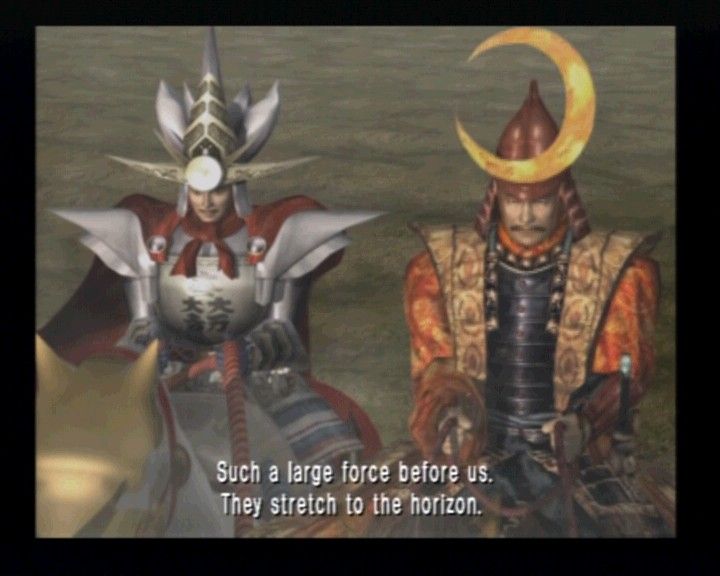 Kessen (PlayStation 2) screenshot: Mitsunari Ishida (left) with his first officer, Sakon Shima (right) are prepping to launch a battle.