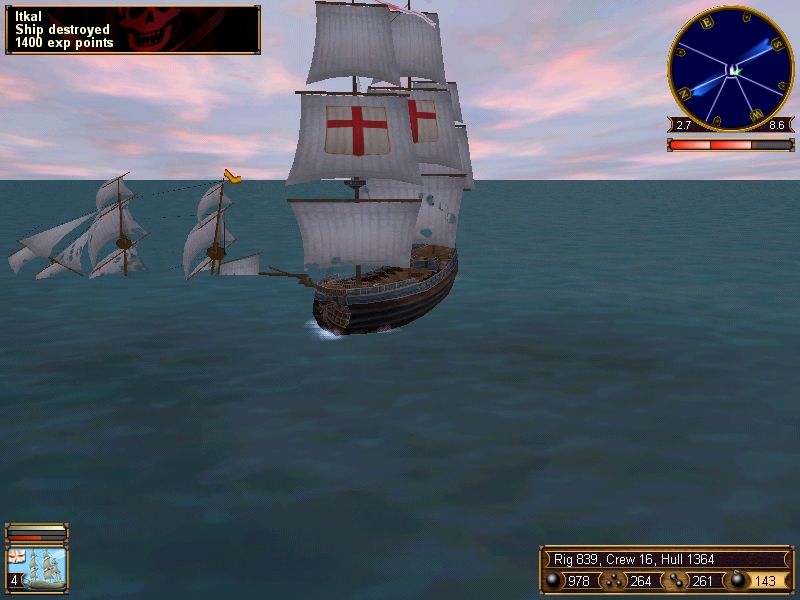 Sea Dogs (Windows) screenshot: Say 'Hi' to Davey Jones for me. A troublesome Spanish attacker gets sent to the bottom by well aimed cannon fire.