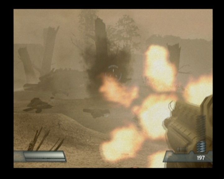 Killzone (PlayStation 2) screenshot: Shooting at blind in a direction of enemy assault force