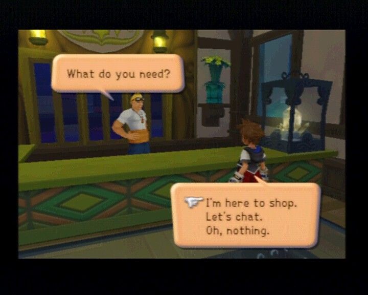 Kingdom Hearts (PlayStation 2) screenshot: Shops are still there to buy some basic accessories and weapons, but real items can only be acquired out on the field.