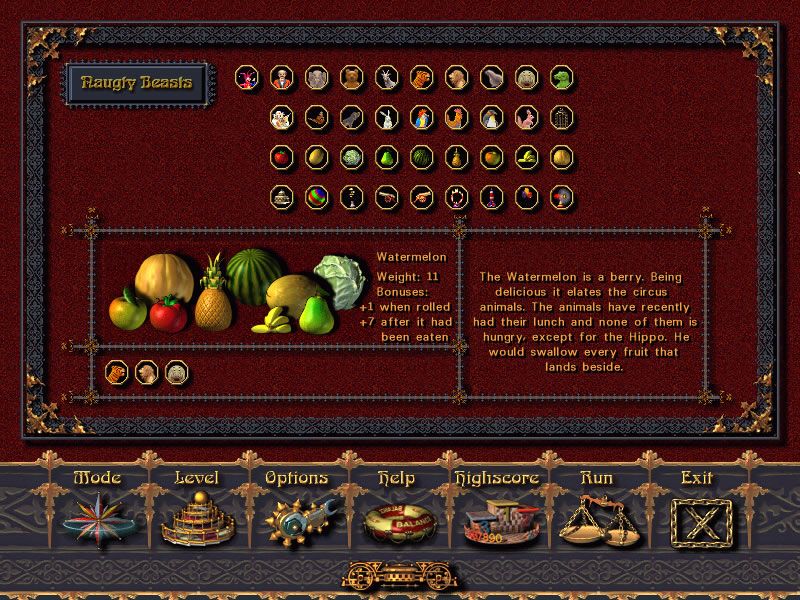 Keep the Balance! (Windows) screenshot: Overview of the items in the Raughty Beasts level