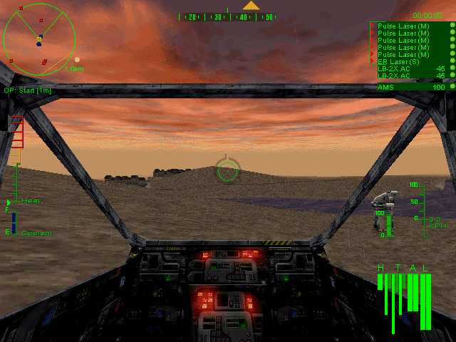MechWarrior 3 (Windows) screenshot: Notice the detail: rain, working lights on the console, etc.
