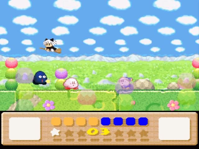 Kirby's Dream Land 3 (SNES) screenshot: Nice clouds, and nasty things flying around
