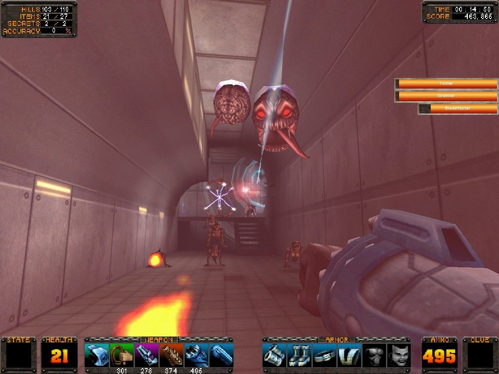 KISS: Psycho Circus - The Nightmare Child (Windows) screenshot: Shooting rockets at some flying enemies.