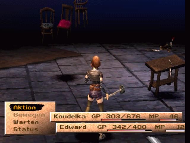 Koudelka (PlayStation) screenshot: Fighting chairs and tables! No kidding! ;D