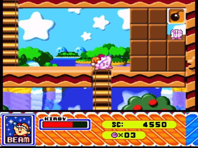 Kirby Super Star (SNES) screenshot: Watch out, enemies and walls, this Kirby-shooter can destroy anything with his powerful ray