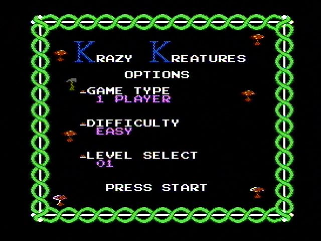 Krazy Kreatures (NES) screenshot: Game options