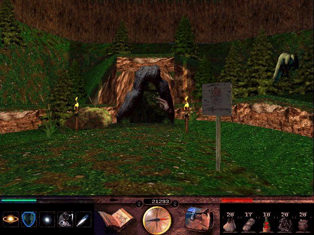 Lands of Lore III (Windows) screenshot: Entrance to the Draracle caves. The infamous place where Gladstone guards hunted Luther in the past.