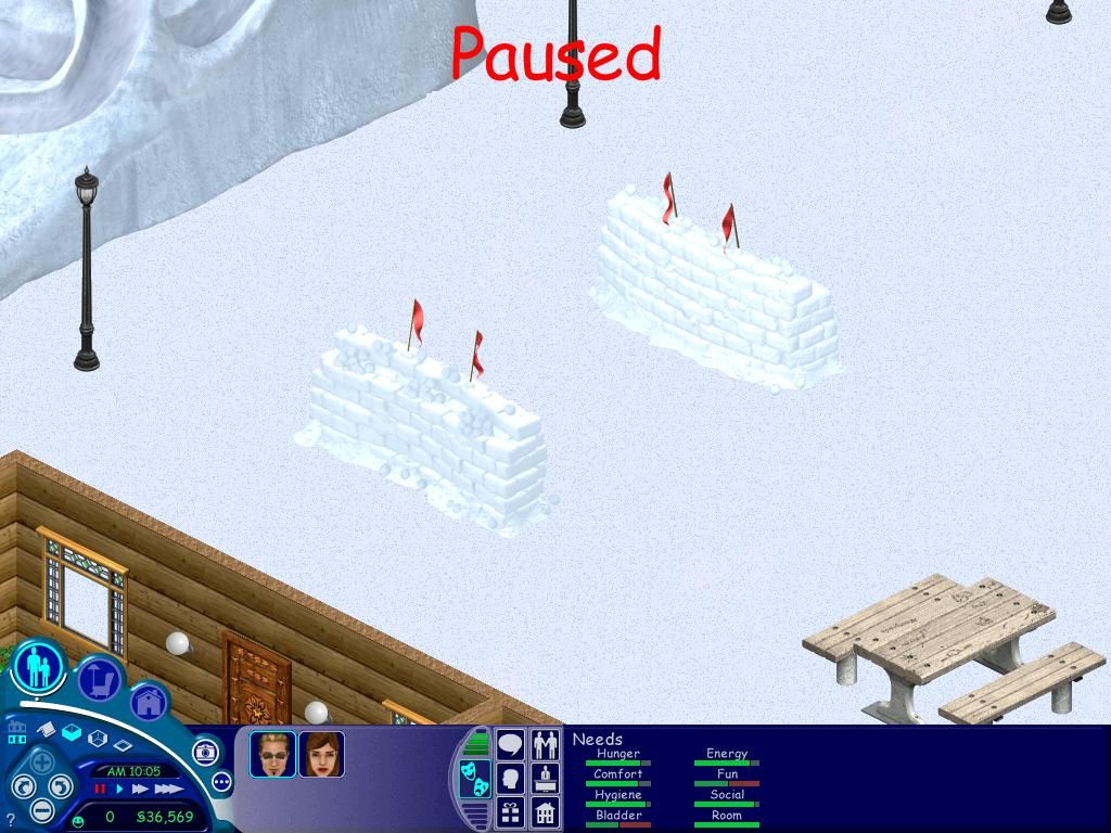 The Sims: Vacation (Windows) screenshot: Snowball fighting increases fun and social. Just watch out for the ice balls.