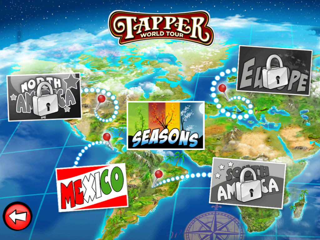Tapper World Tour (iPad) screenshot: At the beginning, you can only choose between Mexico and the "Seasons" levels.