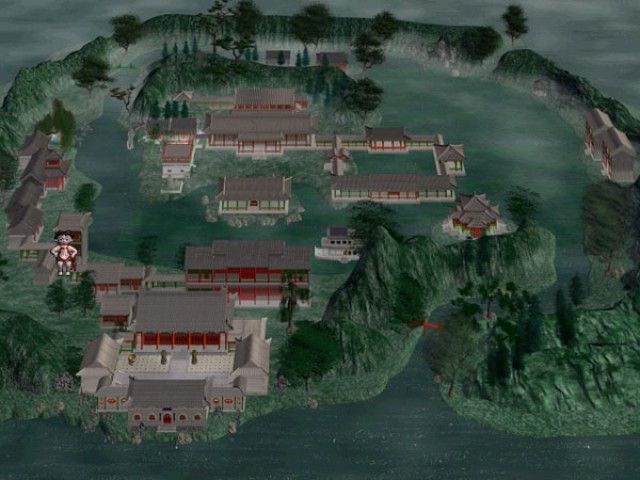 The Legend of Lotus Spring (Windows) screenshot: A small china doll shows your location in Lotus Haven, but you can't navigate via the map.