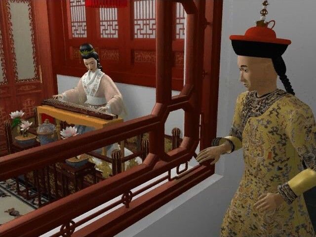 The Legend of Lotus Spring (Windows) screenshot: Inside the Music Room, Lotus Spring plays the Qin as Feng watches and listens