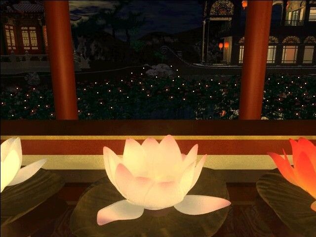 The Legend of Lotus Spring (Windows) screenshot: At night near the Lotus Pond, trigger a spectacular animation to light all the pond's water candles