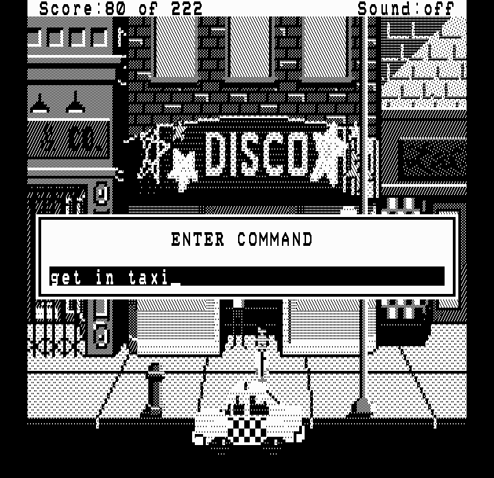 Leisure Suit Larry in the Land of the Lounge Lizards (DOS) screenshot: A taxi can take you from place to place... (Hercules Monochrome)