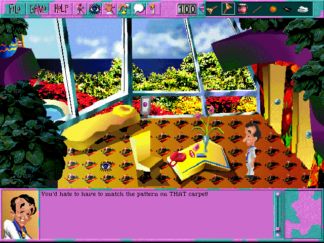 Leisure Suit Larry 6: Shape Up or Slip Out! (Windows 3.x) screenshot: This is your room at the resort (CD-ROM version)
