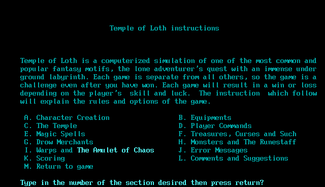 The Wizard's Castle (DOS) screenshot: Instructions (GWBASIC)