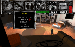BloodNet (DOS) screenshot: Actions not peformed by a right-click are chosen from this command bar.