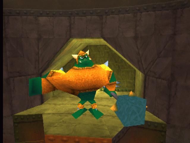 Spyro the Dragon (PlayStation) screenshot: The bad guy, Gnasty (or was it Gnaughty?) Gnarl