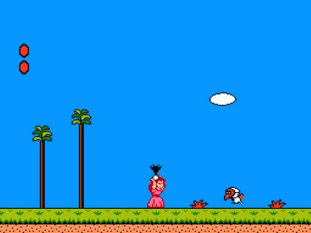 Super Mario Bros. 2 (NES) screenshot: Wow, mighty princess! Watch out, birdie!