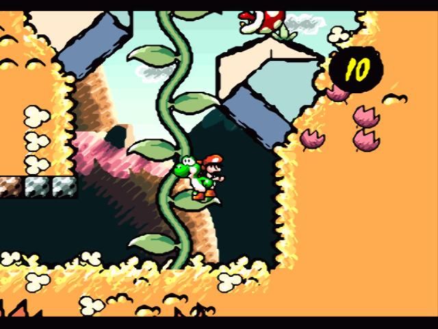 Super Mario World 2: Yoshi's Island (SNES) screenshot: Climbing up the plants