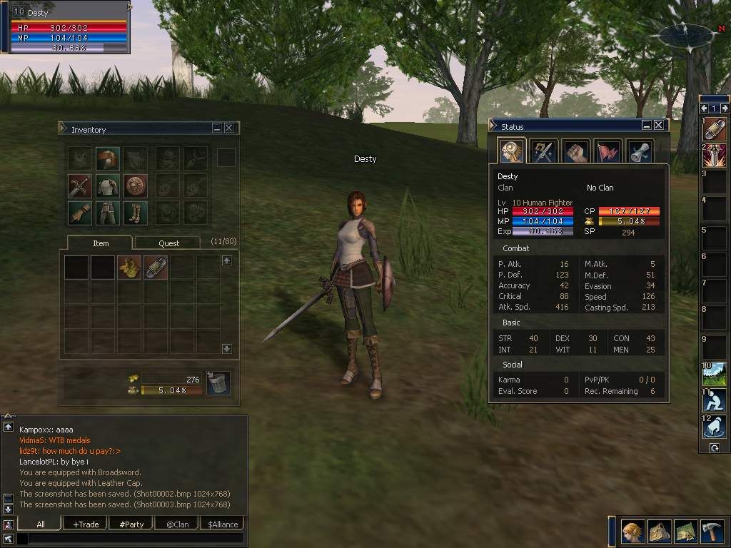 Lineage II: The Chaotic Chronicle (Windows) screenshot: Stats and equipment